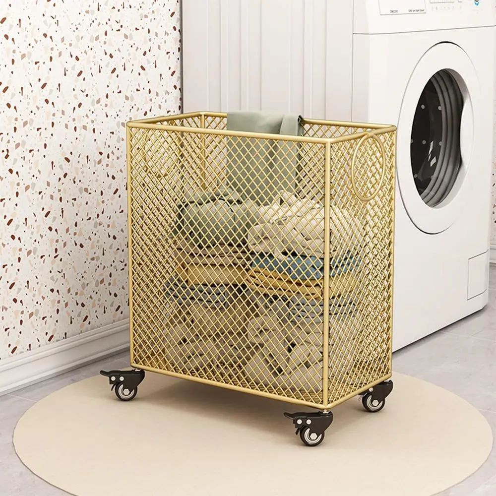 

Rolling Mesh Laundry Basket with Wheels, Gold Clothes Sorter Storage Organizer Cart for Laundry Room