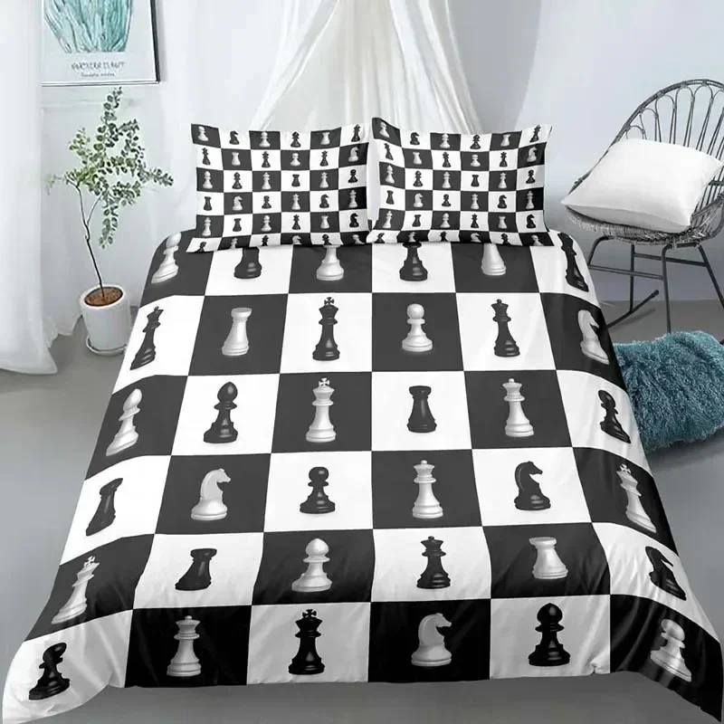 3D Print International Chess Board Duvet Cover Set Black White Comforter Cover for Kids Boys Girls Polyester Bedding Set