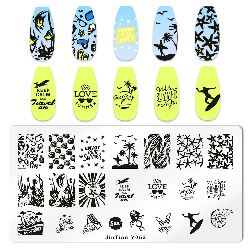 Coconut Tree Nail Art Stamping Template Plate Summer Beach Pictures Birds Nail Stamping Plates Manicure Stencil Set For Nail