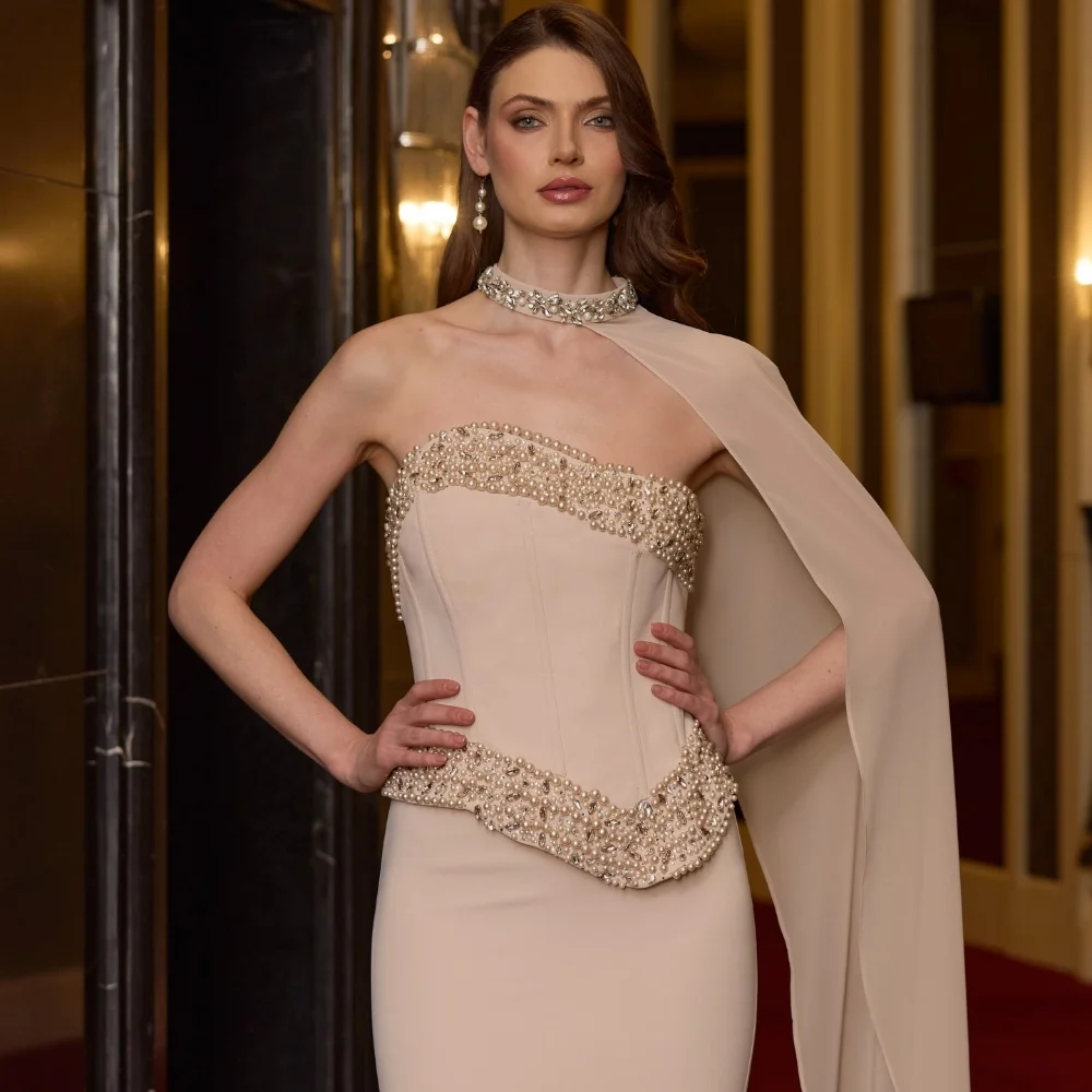 Customized Sexy Jersey Sequined Pleat Mermaid Strapless Long Bespoke Occasion Cocktail Dresses Chinese Style