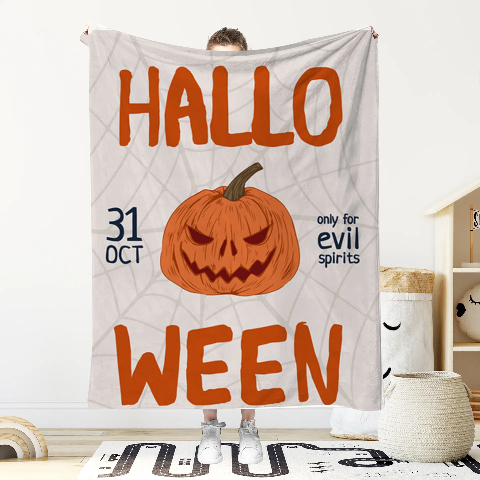 1pc Halloween Flannel Throw Blanket Spooky Ghost Pumpkin Skull Print Soft Warm Cozy Plush Cover Sofa Bed Home Decor Holiday Gift