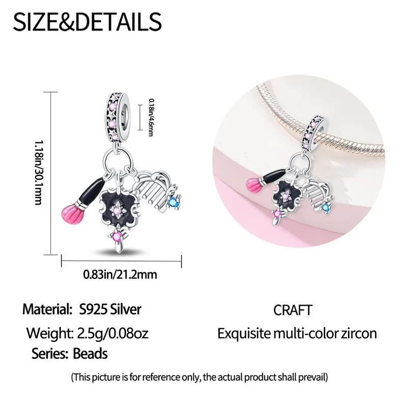 Beauty Series 925 Sterling Silver Brush&Mirror&Comb Three Piece Set Dangle Charm for Pandora Bracelet Girls' Jewelry