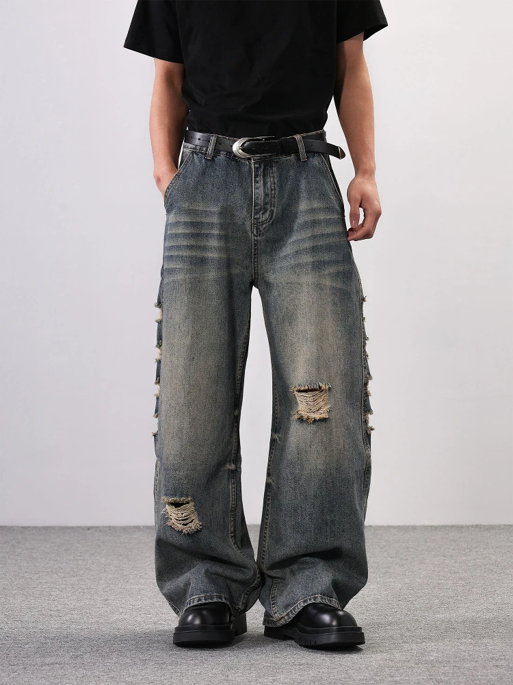 

ISTURE American Retro Vibe Men's High Street Casual Long Jeans Knife Waed Hole Youth Cotton Straight Loose Fit