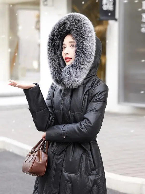 معطف فرو نسائي من الجلد الطبيعي المدبوغ لشتاء 2025، طول متوسط، تصميم ضيق، ملابس خارجية من فرو هايفنغ، مناسب للتنقل اليومي