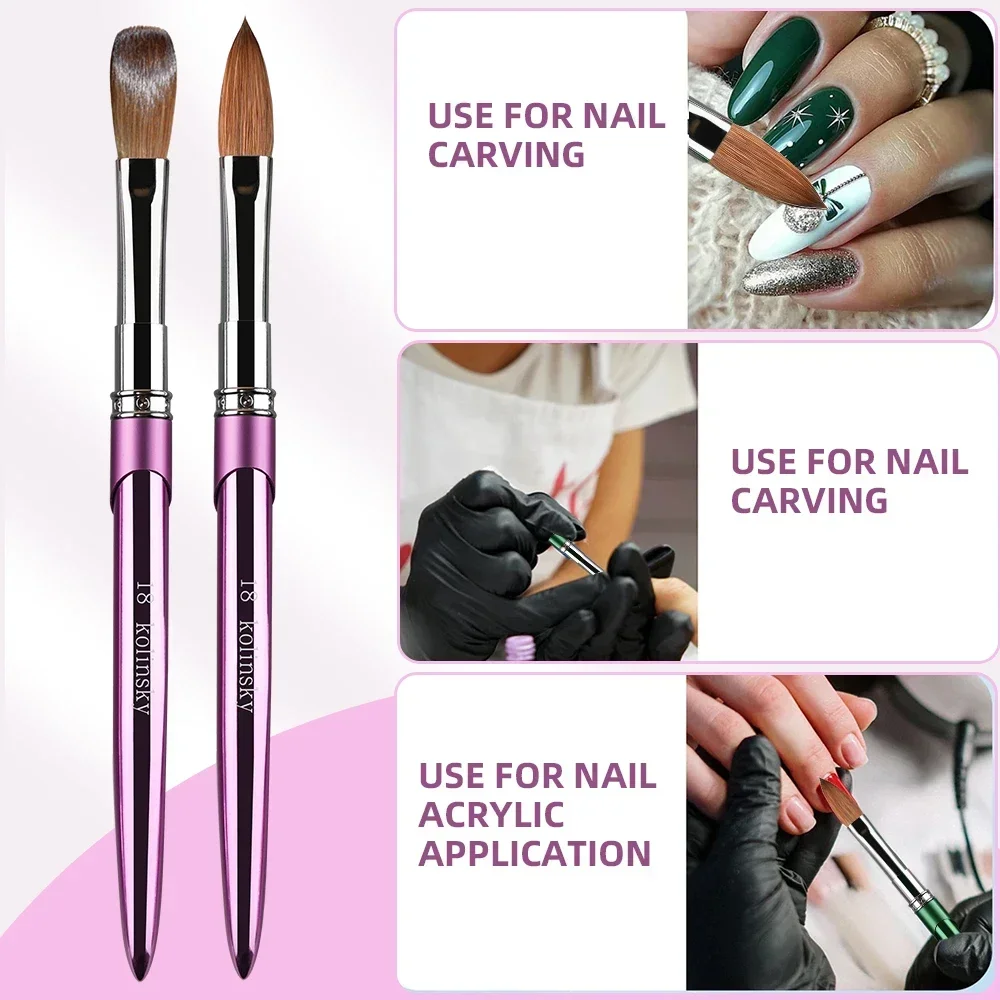 Pędzel do paznokci akrylowych 100% Kolinsky, 1 szt., fioletowy, z metalową rączką, pędzel do rysowania do pudru akrylowego, rozmiar 2-18