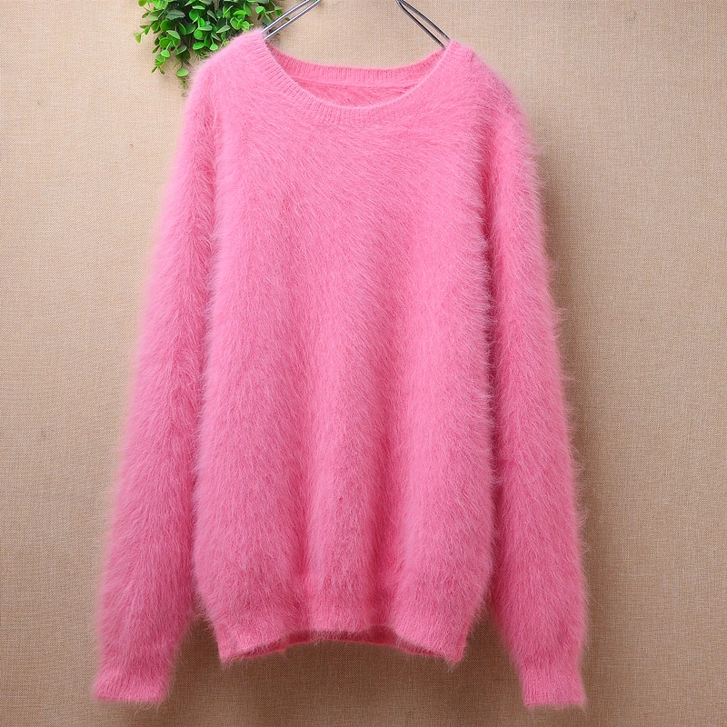 04 Ladies Women Fall Winter Clothing Hairy Soft Angora Rabbit Hair Hand Knitted O-Neck Slim Blouses Pullover Jumper Sweater Pull