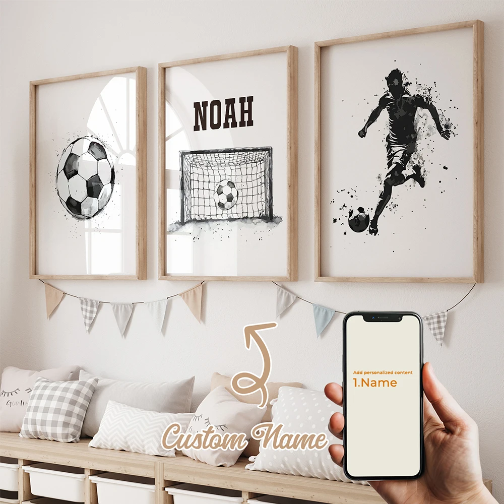 3pcs Personalized Custom Name Cartoon Football Wall Art Print Picture Canvas Poster Painting Living Room Home Decor