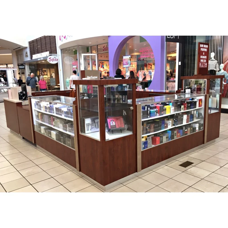 custom，Wooden Perfume Display Counter Mall Kiosk for Perfume Retail Perfume Kiosk Stand with Light