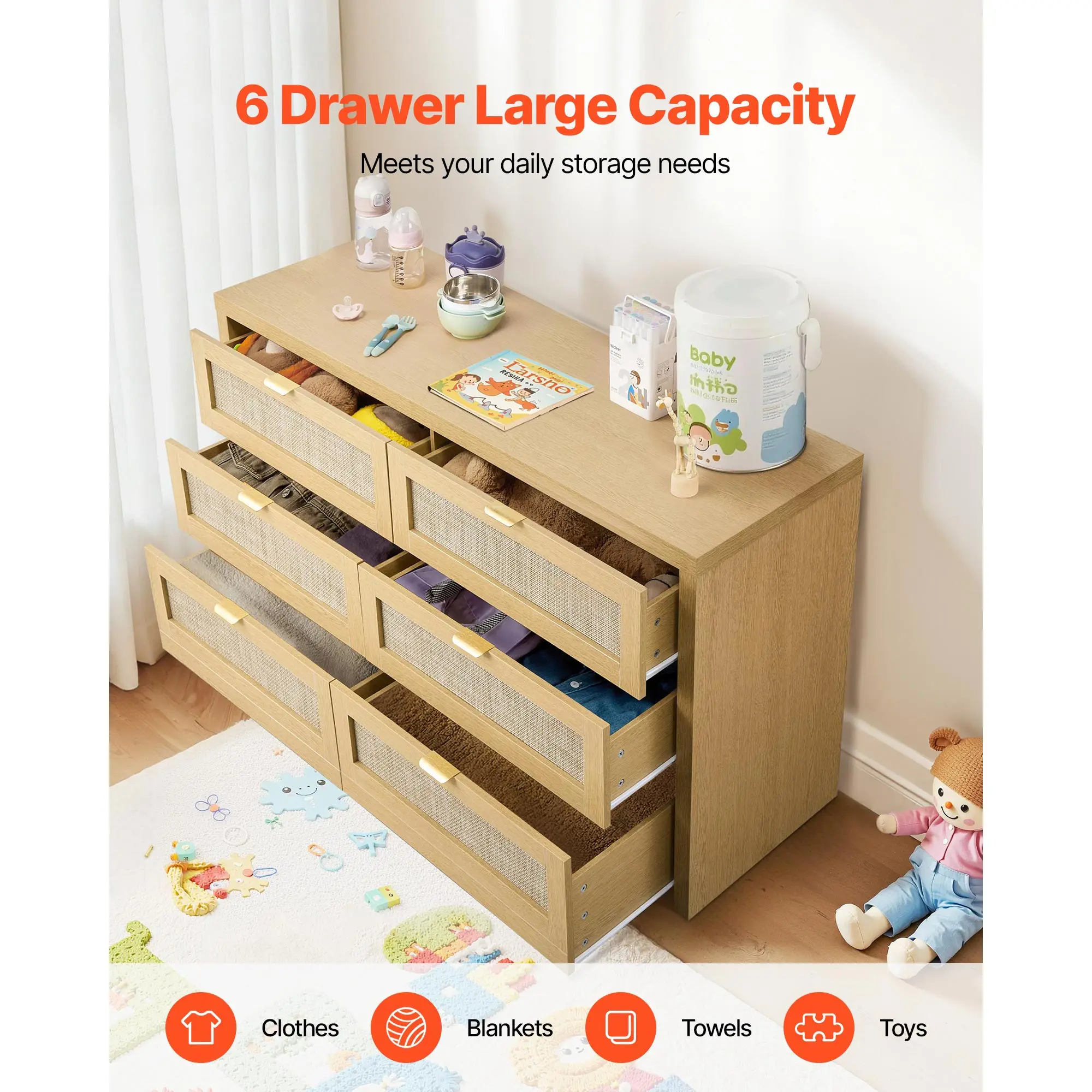 6 Drawer Rattan Dresser, Double Dresser for Bedroom, Natural Rattan Chest of Drawer with Metal Handle, Modern Wood Chest Clothing Organizer & Storage for Bedroom, Living Room, Hallway, Burlywood