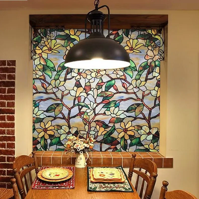 Newest Magnolia Stained Glass Window Film Privacy film for Bedroom Static Cling Art Decorative Film Wedding home decoration