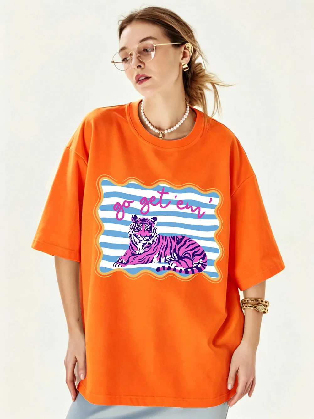 Go Get 'Em' Tiger Printing Cotton T-Shirts Womens Summer Oversized Tops Basic Soft Short Sleeve T Shirts Casual O-Neck Clothes