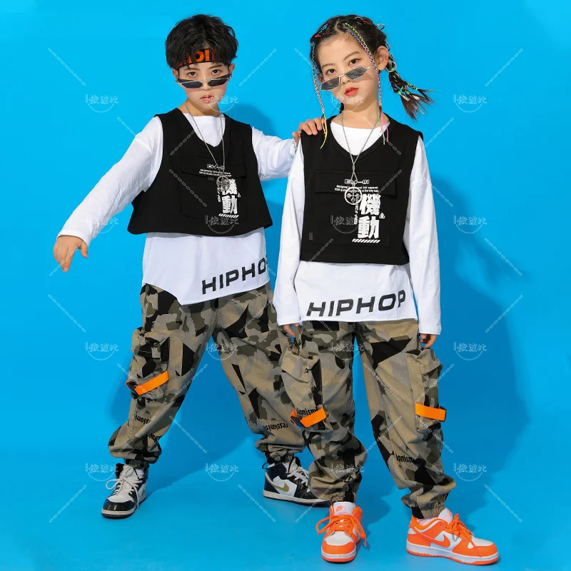 Jongens Hiphop Camouflage Broek Meisjes Jogger Kids Vest Sweatshirt Streetdance Kleding Sets Tieners Jazz Streetwear Kinderkostuums