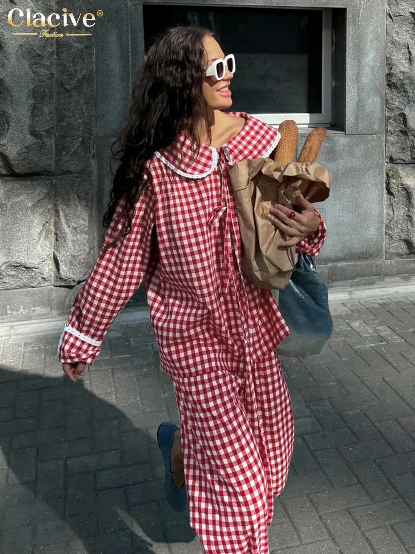 Clacive Fashion Loose Red Plaid Trousers Sets For Women 2 Pieces 2024 Elegant Long Sleeve Shirt With High Waist Pants Set Female