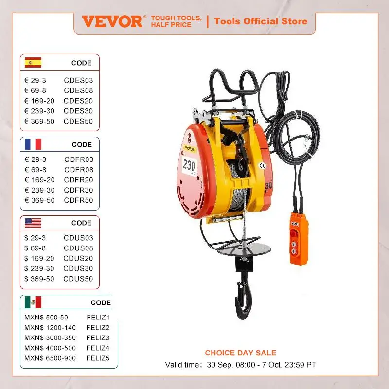 VEVOR 230Kg/507LBS Electric Hoist Crane with 30M Rope Wire and Wired Remote Control Portable Lift Winch Remote Control Auto Lift