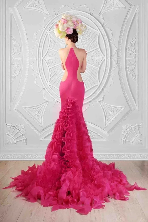 New Couture Fuchsia Mermaid Evening Dresses With Ruffles Trimmed Details Garden Pretty Long Formal Party Dress