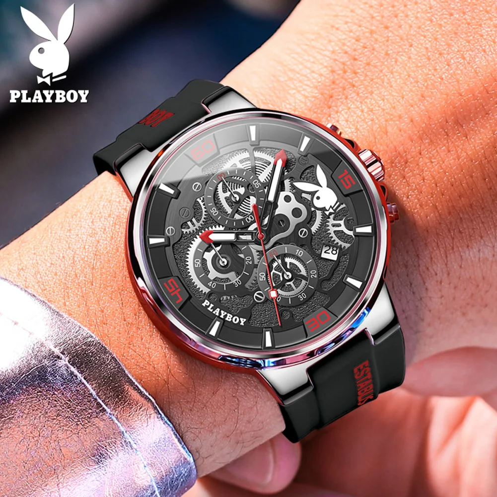 PLAYBOY Casual Quartz Men\'s Wristwatch Luxury Sports Luminous Waterproof Watch for Men Fashion High-end Silicone Strap Man Watch