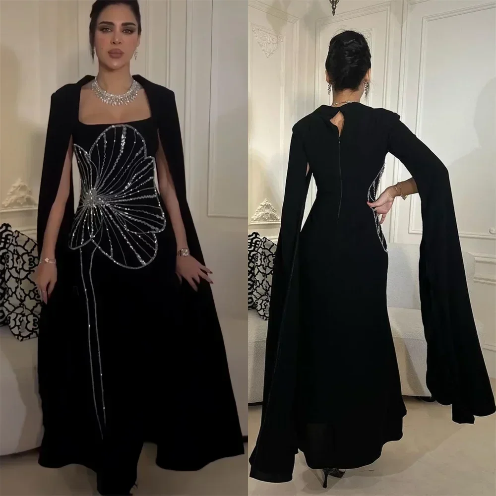 Customized Sexy Formal Saudi Arabia Prom Dress With Square Collar A-line Ankle Length Skirts Draped Bead Embroidery F