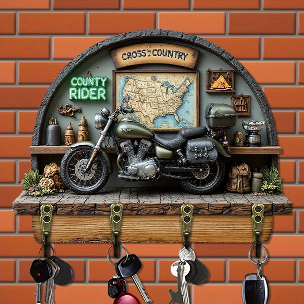 . 2D Flat. 1pc, Cross-country motorcycle key hook, Wooden multi-functional home key hanger, with four metal hooks, wall