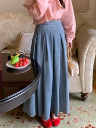 Midi Long Skirts Women Spring Autumn Japan Style Lolita High Waist Jean Skirt Ladies A-Line Ruffle Pleated Denim Skirt