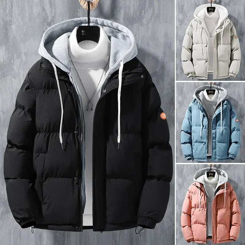 2024 New Winter Loose-fit Thickened Warm Cotton Coat Hood for Men Trendy Student Puffer Jacket Two-piece Illusion Winter Coat