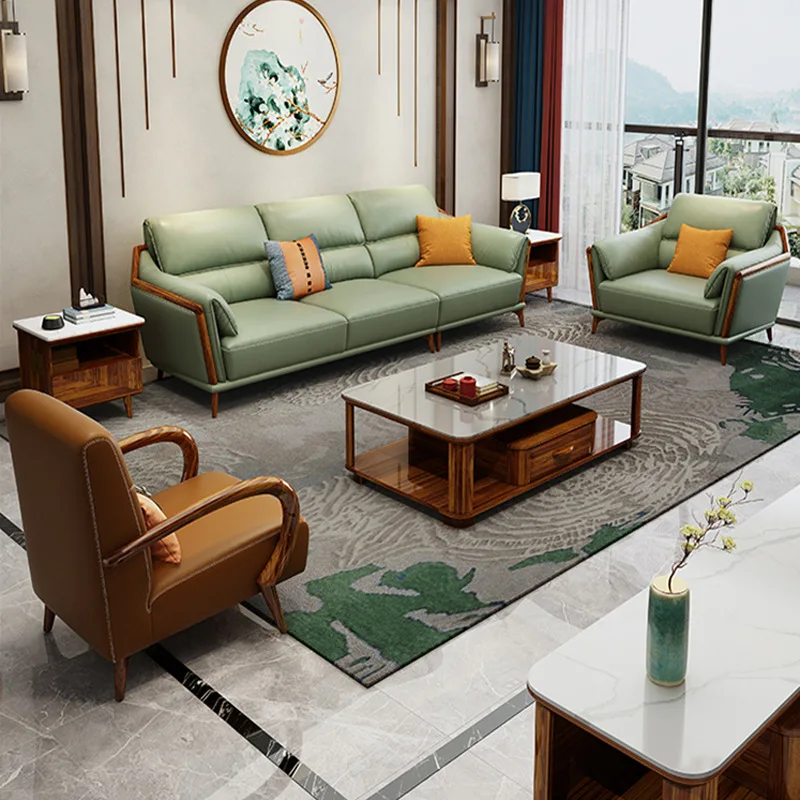 Ebony leather sofa combination high-end villa living room new Chinese solid wood size apartment first layer cowhide furniture