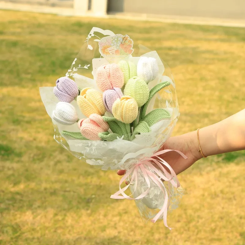 Crochet Tulip Hand Bouquet, Knitted Yarn Flower Gift for Mother & Girlfriend, Realistic Artificial Plant for Women's Day view 4