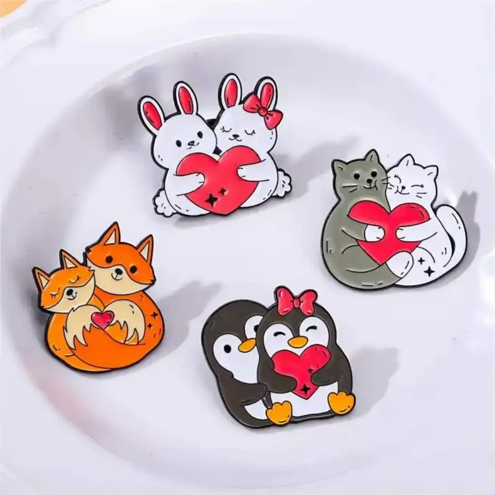 Cute Cartoon Animal Heart Lovers Enamel Brooch Penguin Cat Rabbit Fox Lapel Pin Badge for Backpack Clothing Hat Accessories