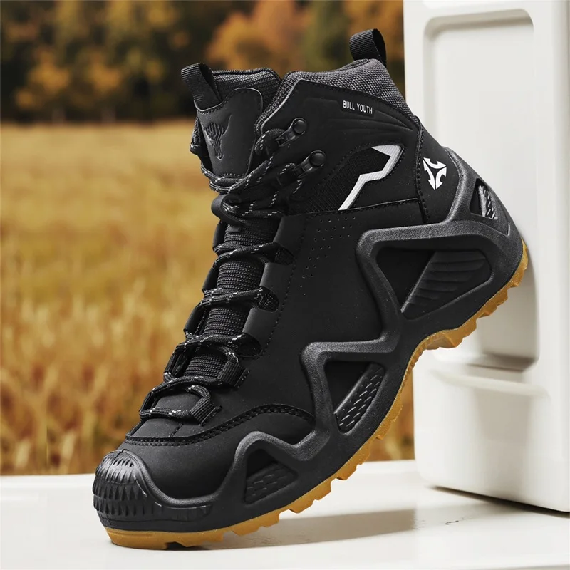 

Уличные мужские походные ботинки, кожаные мужские ботильоны, зимняя обувь, нескользящая мужская рабочая обувь с высоким берцем, дышащие прогулочные кроссовки