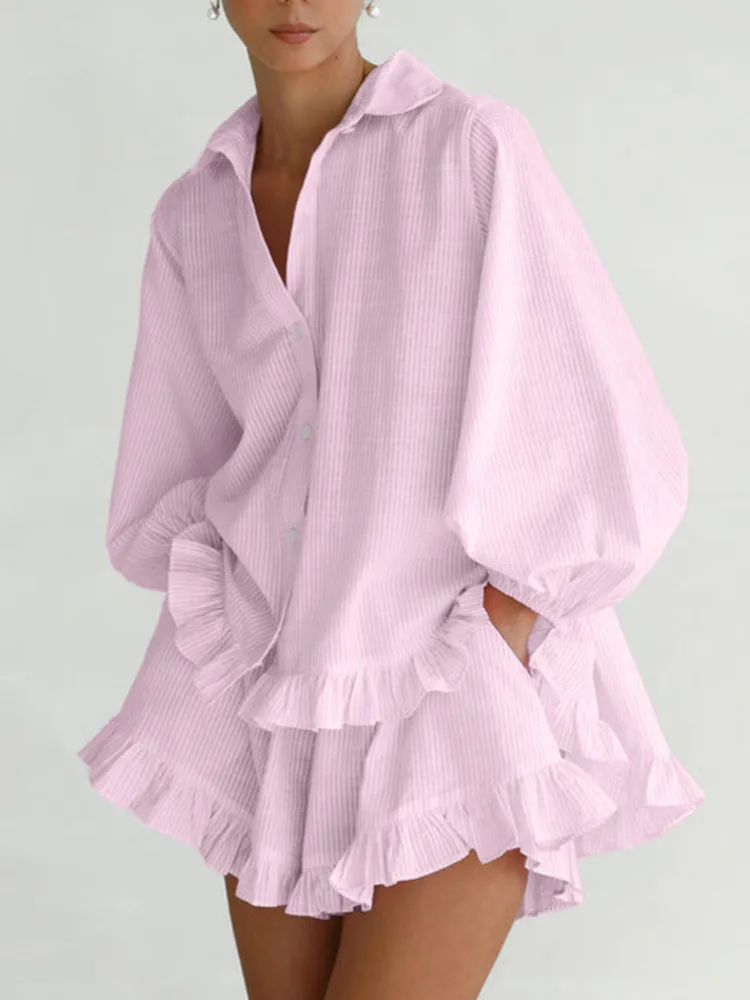 

Blifanbo Fashion Striped Shirt Shorts Two Pieces Sets Women Turn-down Collar Puff Sleeve Ruffle Shirt Loose Shorts Casual Set