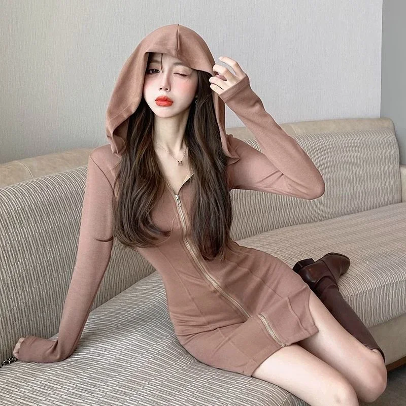 Coffee Hooded Mini Dresses for Women 2025 Autumn Sexy Slim Zip Up Hip Wrap Dress Woman Casual All-Match Long Sleeve Dress