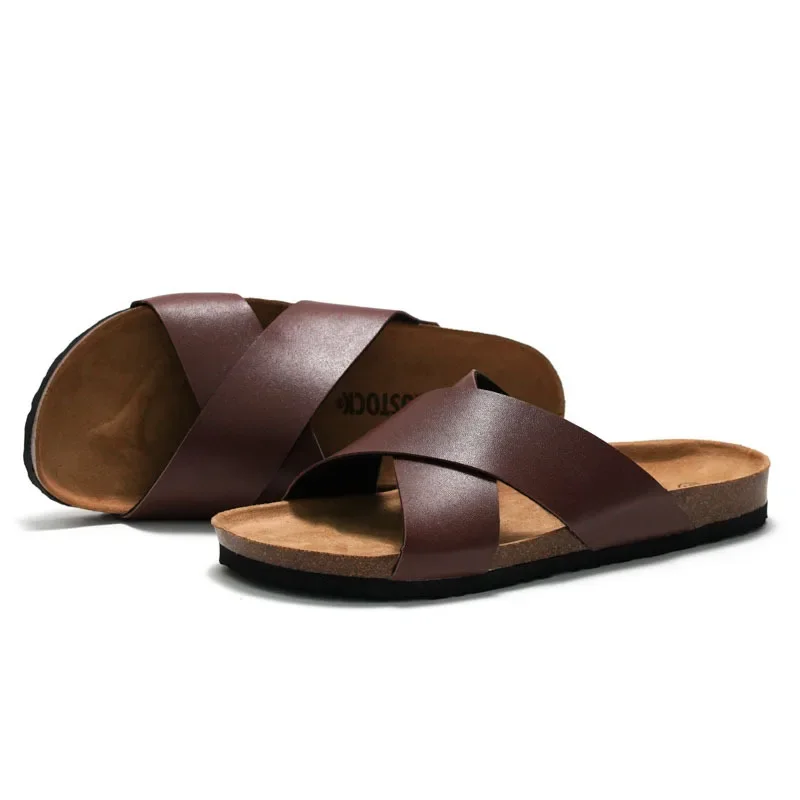 

New Men Beach Cork Slippers Casual Flip Flop Slippers Flat Summer Women Solid Color Non-slip Outside PU Leather Slide Shoes