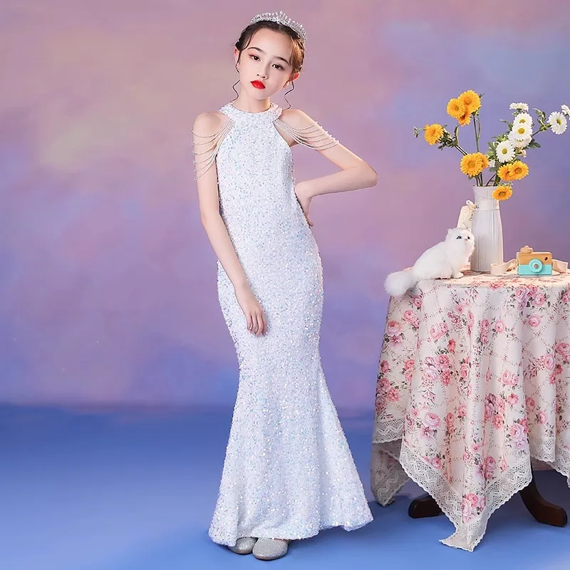 Girls' Mermaid Show Dress2025New white Sequin Fringe Piano Performance Dress Children's Model Performance Dress