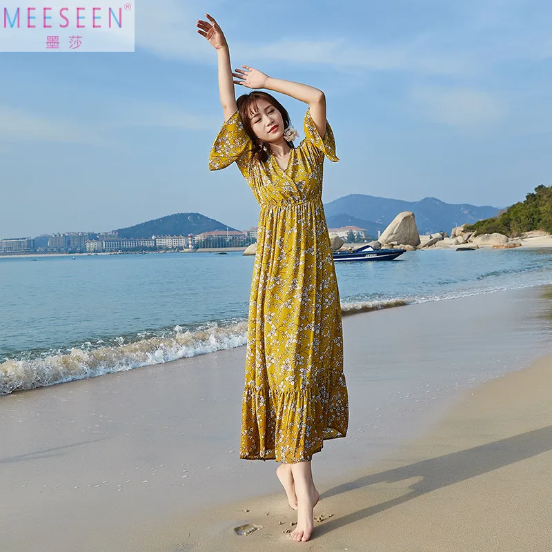 

New summer chiffon jumpsuit large size beach skirt fairy big pendulum floral skirt fashionable simple temperament elegant vacati