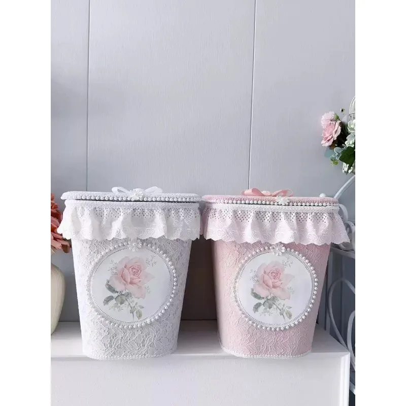 

Oversized Storage Trash Can Cotton Lace Bucket Fashion Creative Bedroom Wastebasket Sundries Pearl Ribbon Bin Garbage Buckets