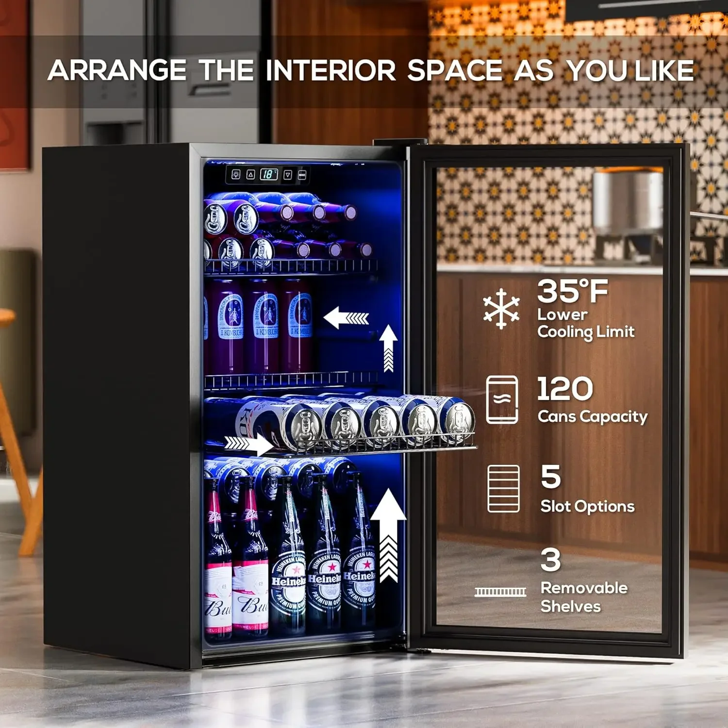 Refrigerator Cooler-120 Cans Freestanding Mini Fridge Cooler with Glass Door, Adjustable Shelves & Digital Temperature