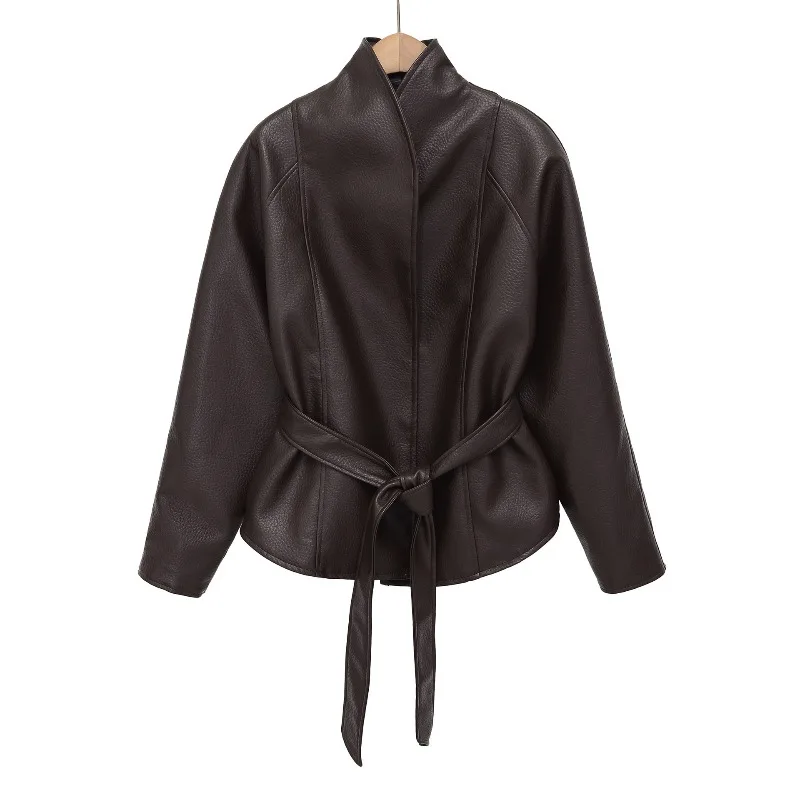 Versatile New Autumn Fashion Tren， Women's Leather Jacket with A Belt and  Cinched Waist,  Leisure Style Elegant and Stylish Top