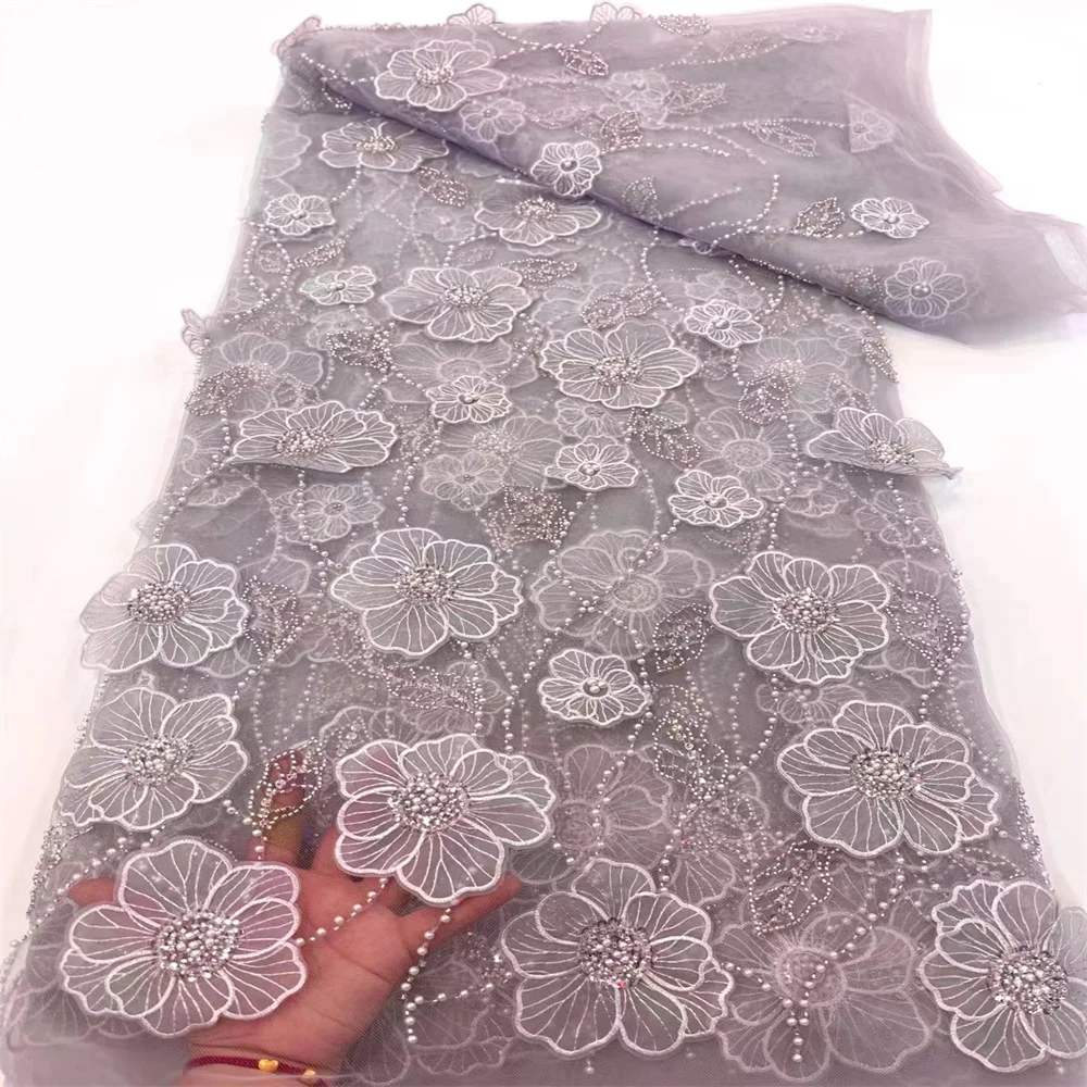 Tela de encaje africano dorado 3D, tejido bordado nigeriano con lentejuelas de alta calidad, tul francés con cuentas XC3502, 2023