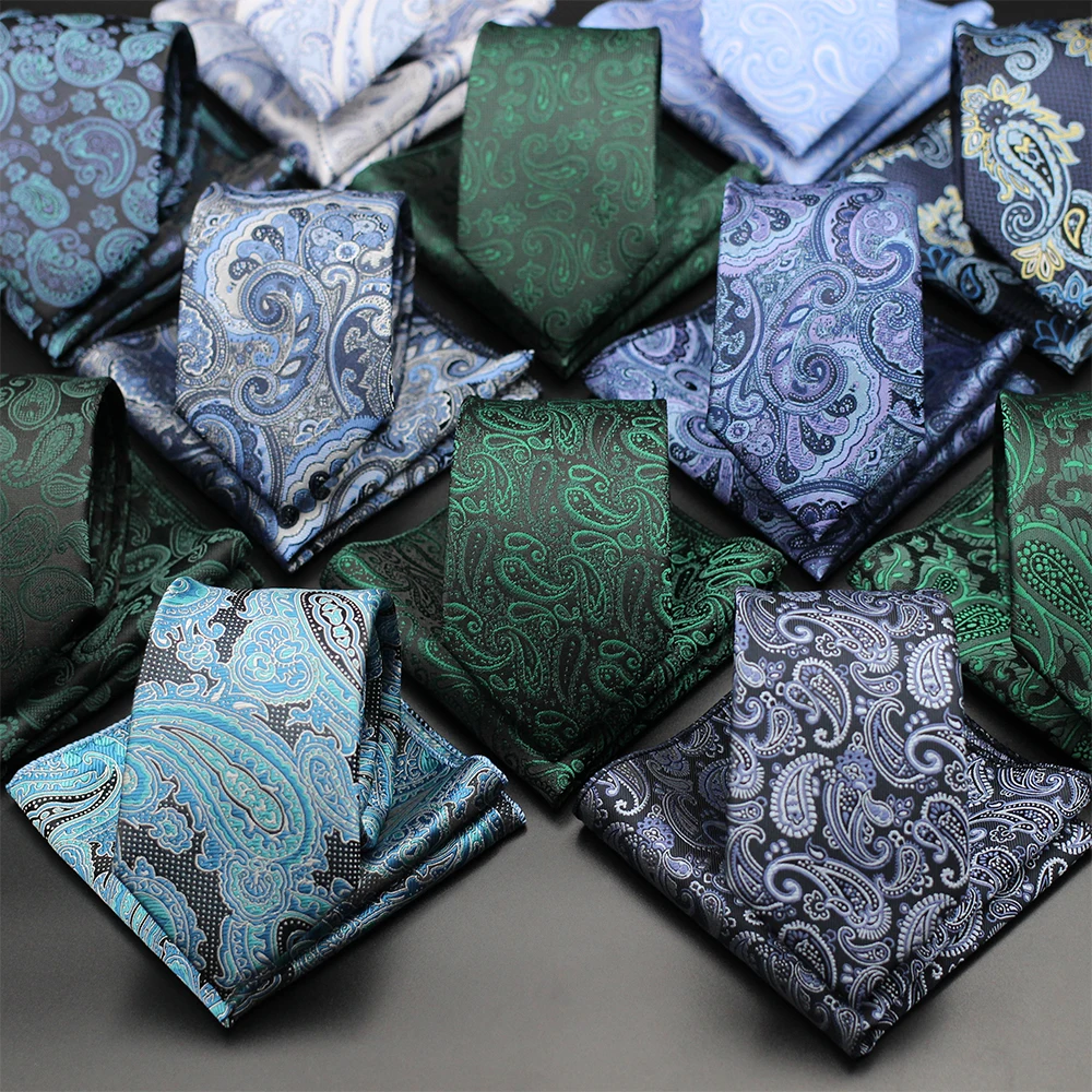 7CM Jacquard Necktie Paisley Floral Mens Tie Top Quality Blue Green Business Tie Pocket Square Set Classic For Men Gift