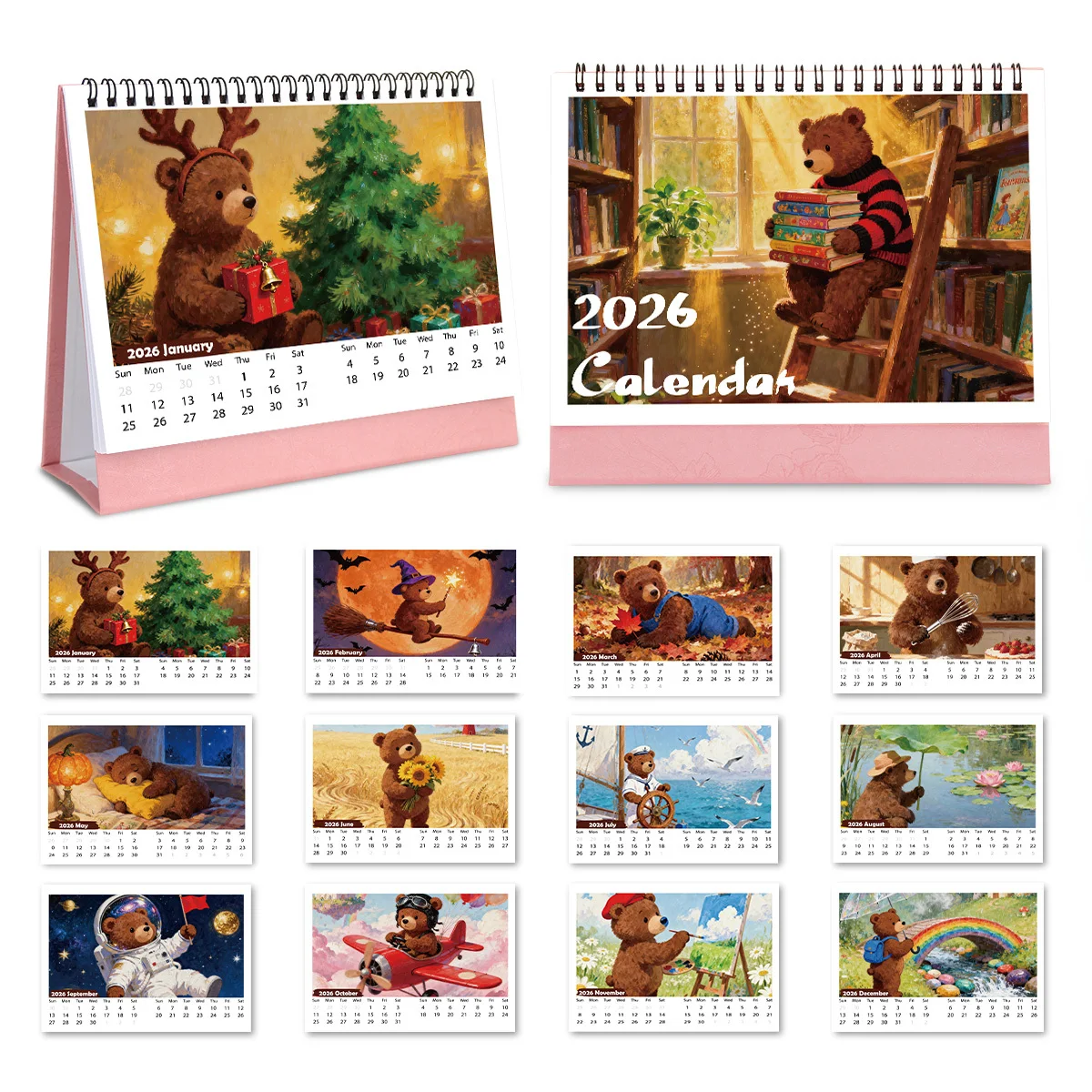 1 affascinante calendario da tavolo a tema orso con scene stagionali accoglienti per la casa e la scrivania dell'ufficio, regalo di Capodanno 2026