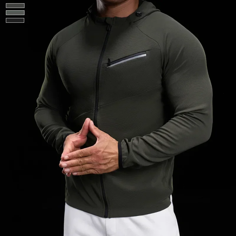 

Men Zip Standing Collar Hoodies Top Stretch Slim Long Sleeve Running Fitness Jacket Gym Jogging Tee Bodybuilding Training Shirts