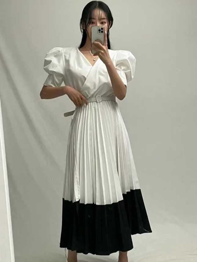 Vestido Longo E com Decote em V, Cintura Solta e Faixa, Estilo Color Blo, Saia Maxi Psada Chique para Mulheres, E...