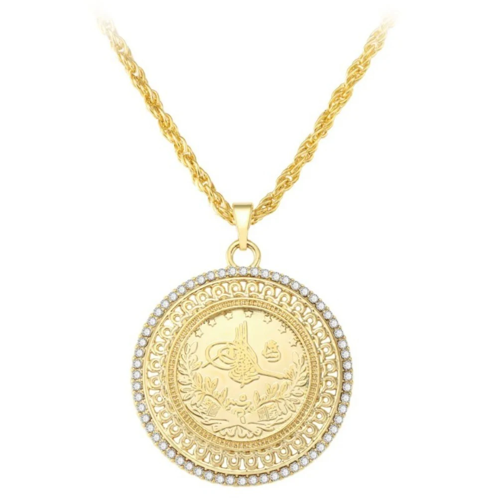 East Arab Gold Plated Pendant Necklace for Women 60cm Twist Chain Necklace Ottoman Totem Design Bridal Jewelry Coin Pendant