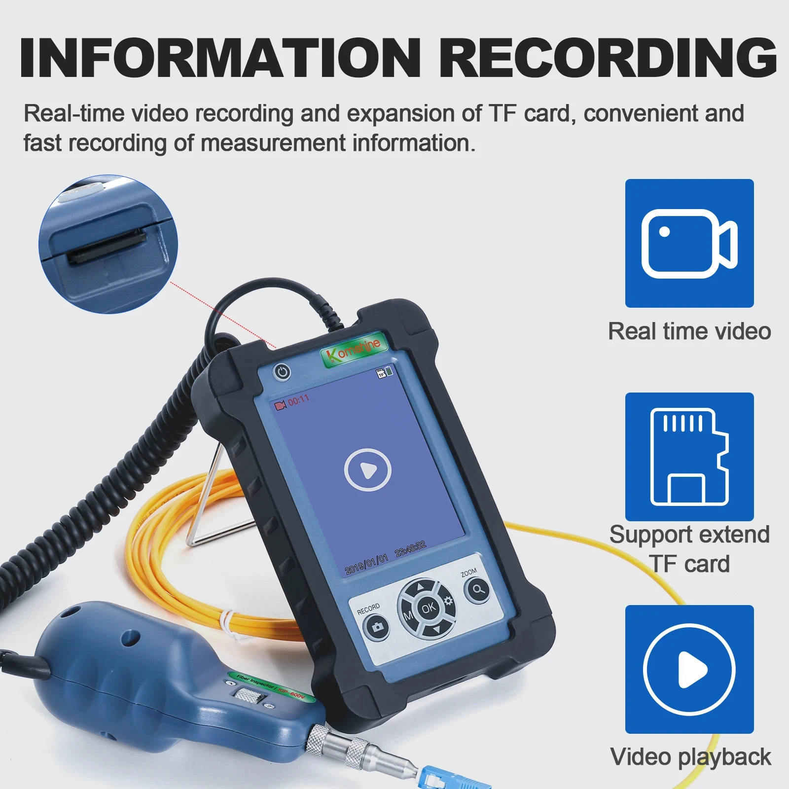 Komshine KIP-600V Fiber Optic Connectors Inspection Test Tools 3.5 inch Fiber Inspection Probe Real Time Video Microscope