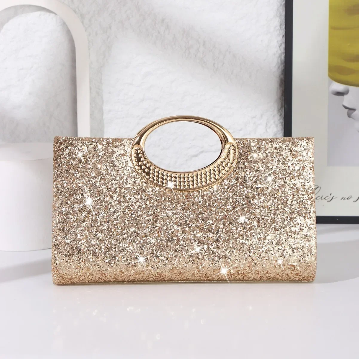 

Retro Large round Ring Clutch Bag Evening Bag High Texture Flash Fashion Trend Handheld Bag Polyester Fiber Vintage Style