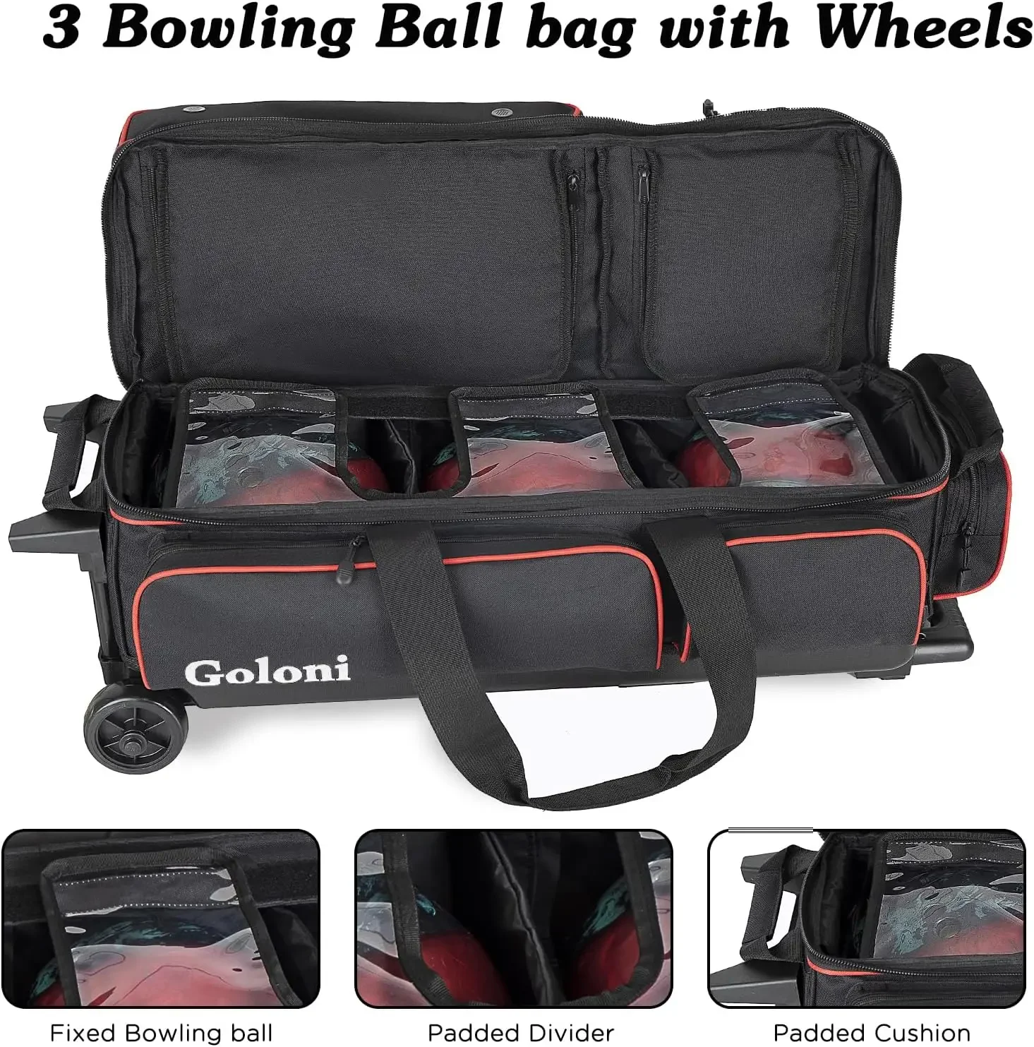 Ball Bowling Bags with Wheels,Rolling Bag for 3 Balls & Accessories -Retractable Handle Ex