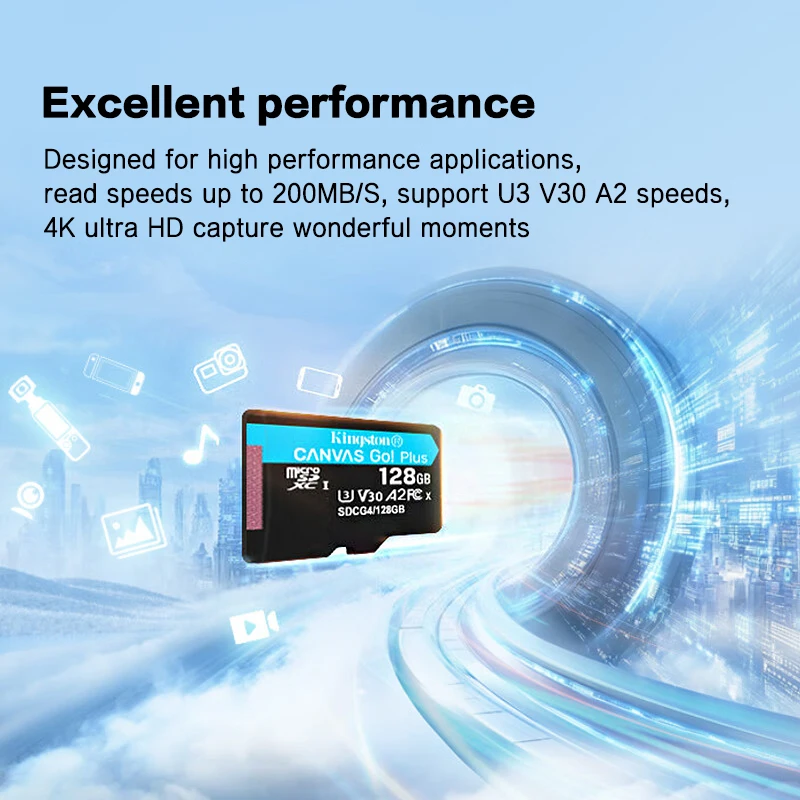 بطاقة ذاكرة Kingston V30 A2 microSDXC أصلية 128 جيجابايت 256 جيجابايت 512 جيجابايت بطاقة مايكرو SD مع محول بحد أقصى 200 ميجابايت/ثانية بطاقة فلاش TF كاميرا بدون طيار
