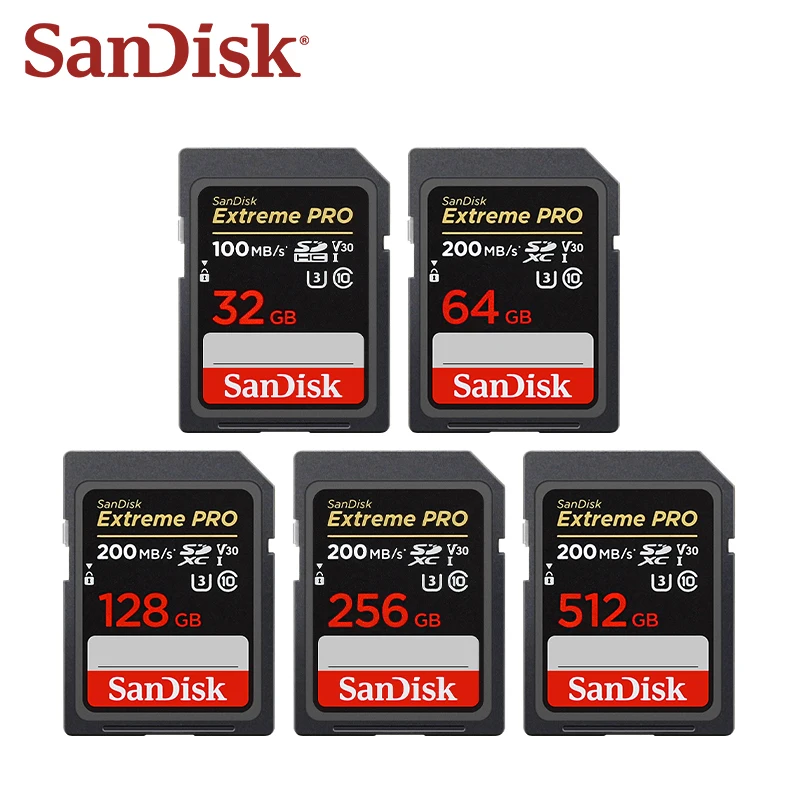 Original SanDisk Extreme Pro SD Card Max 200MB/s SDHC 32GB SDXC 64GB 128GB 256GB V30 UHS-I Memory Card Storage Card For Camera