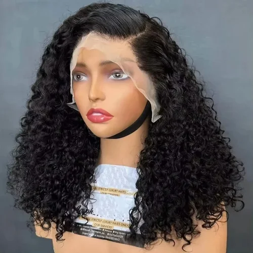 Peluca de cabello humano Bob corto rizado de densidad 200%, encaje Frontal 13x4, cierre 4x4, pelucas rizadas profundas de encaje, peluca Bob de onda profunda, negro Natural