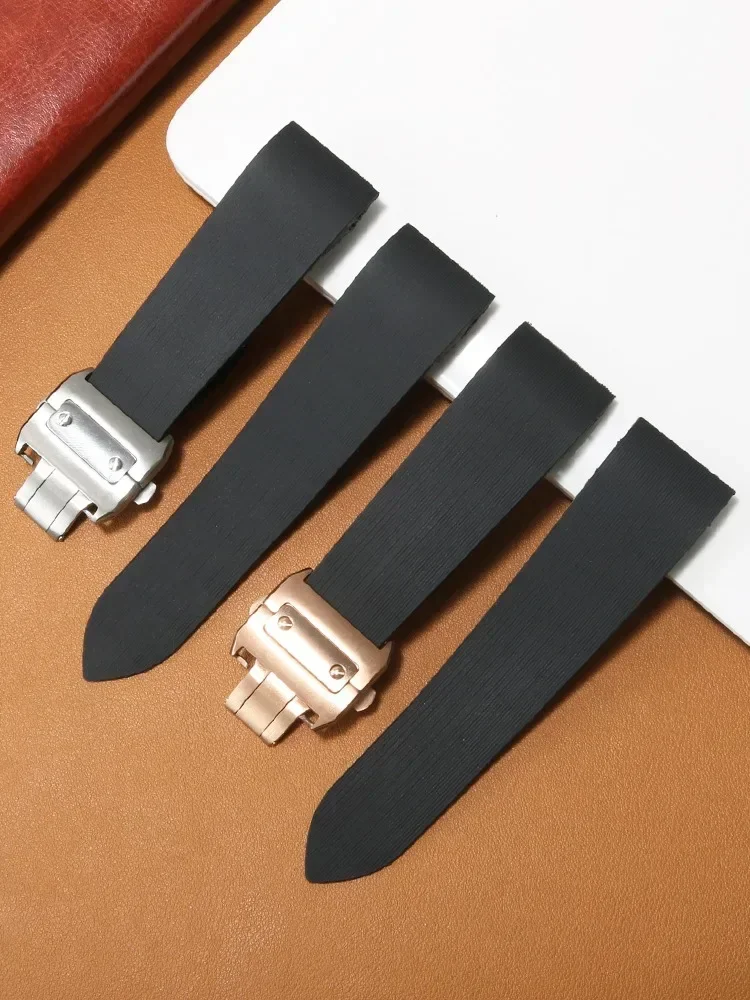 Rubber Waterproof Watchband Fits for Cartier Santos 100 W2020007 Silicone Strap Silver  Folding Buckle Black Bracelet 25mm