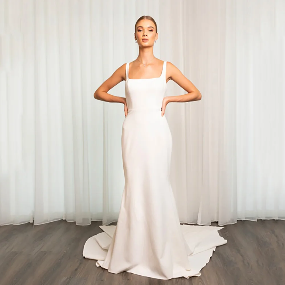 2026 Simple Square Neck Wedding Dresses Draped Train Elegant Low Back Bow Bridal Gown Crepe Brides Wedding Dresses Customized